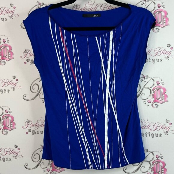 Zap tshirt y2k stripes abstract Royal Blue Top with White and Pink Stripes soft - Picture 1 of 10
